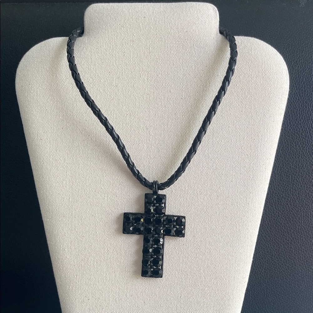 Black Cross Pendant 4” L, faux leather Necklace, unisex